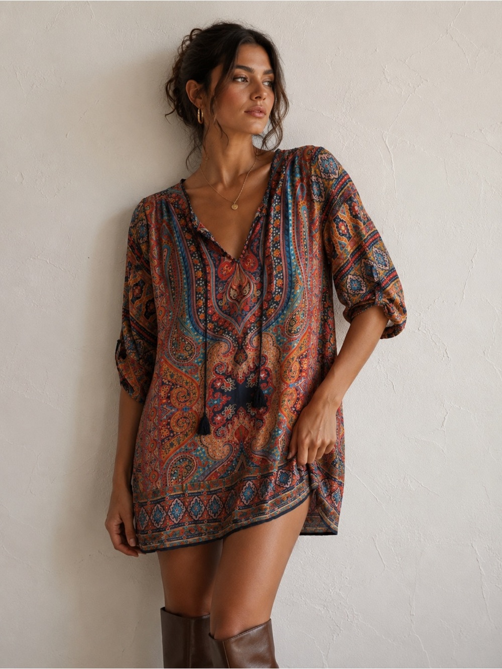 Tolani Silk Paisley Boho Tunic Dress Festival Luxe Indie Hippie Chic Sz S